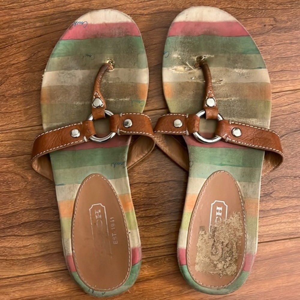 Coach Starla Tan Brown Leather Sandals - SIZE 6  Watercolor Stripes